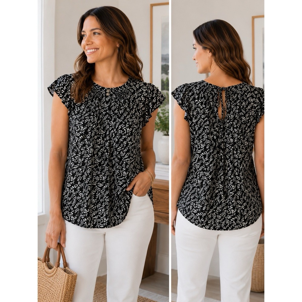 Lauren Conrad LC Size XL Black White Floral Print Flutter Sleeve Blouse